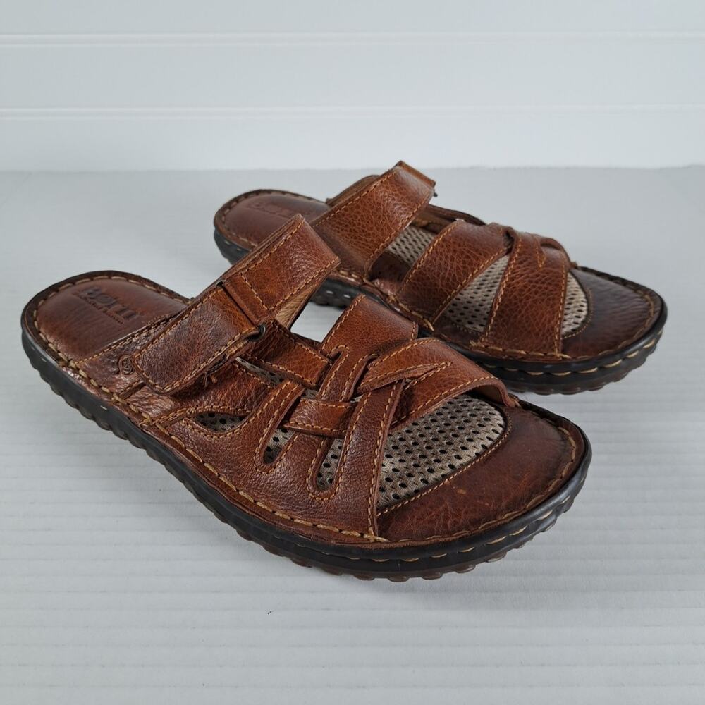 Born Oberon Strappy Slide Sandals Brown Leather Adjustable Comfort Womens 6